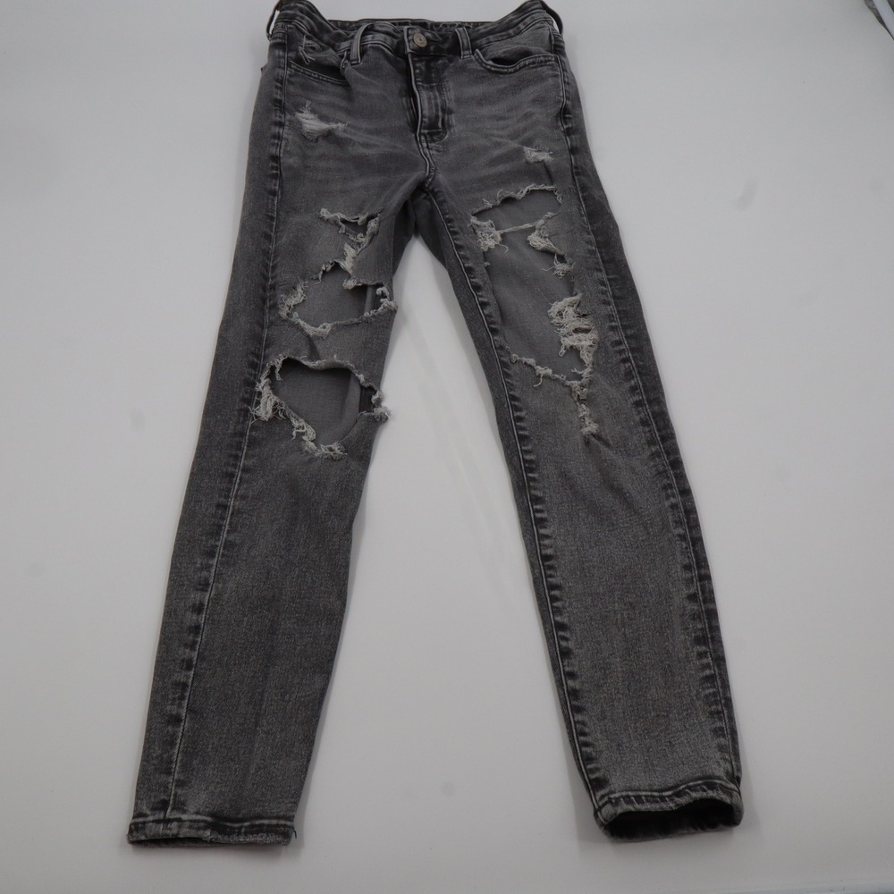 American Eagle Skinny Jeans Womens 2 X-Short Grey Distressed High Waist Stretch